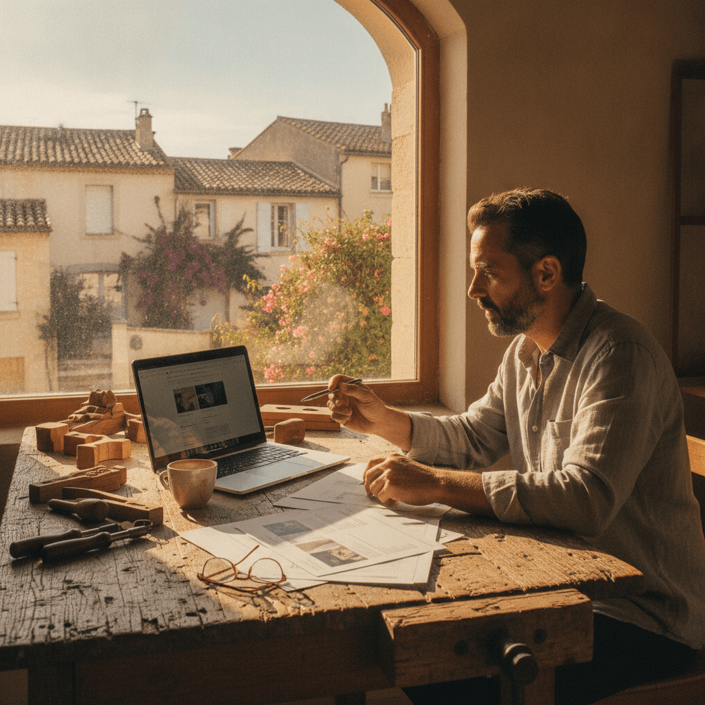 Artisan consultant un devis de création de site web dans un atelier à Avignon