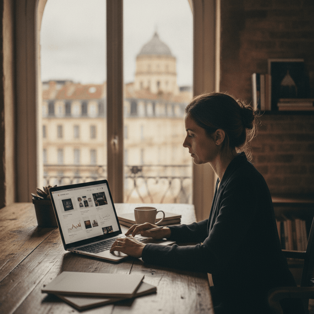 Vue aérienne du centre de Bordeaux avec un entrepreneur consultant son site web sur un ordinateur portable