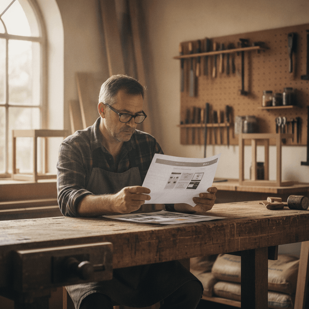 Artisan normand consultant un devis de création de site web dans un atelier à Caen