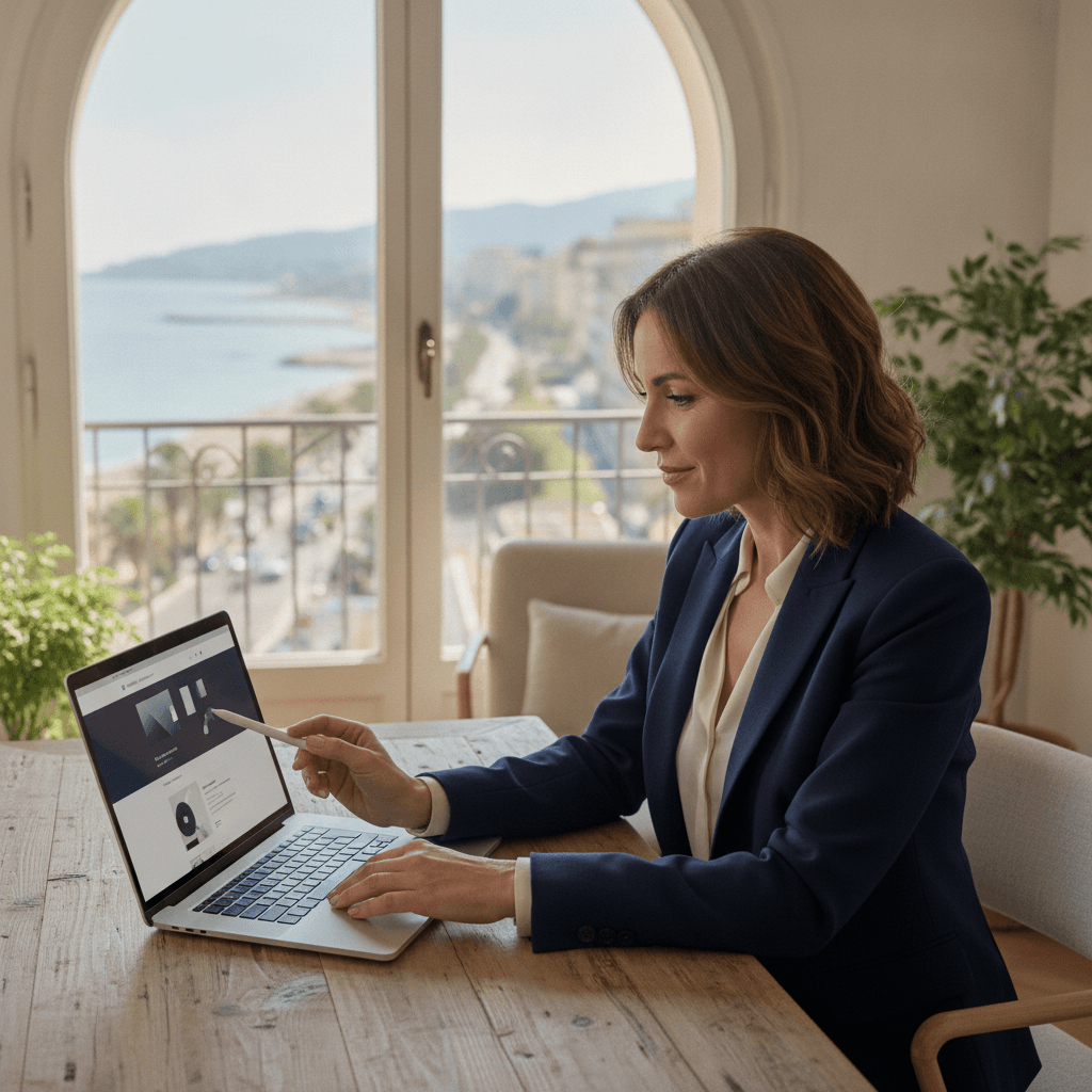 Vue de Cannes avec un artisan consultant un site web professionnel sur son ordinateur portable