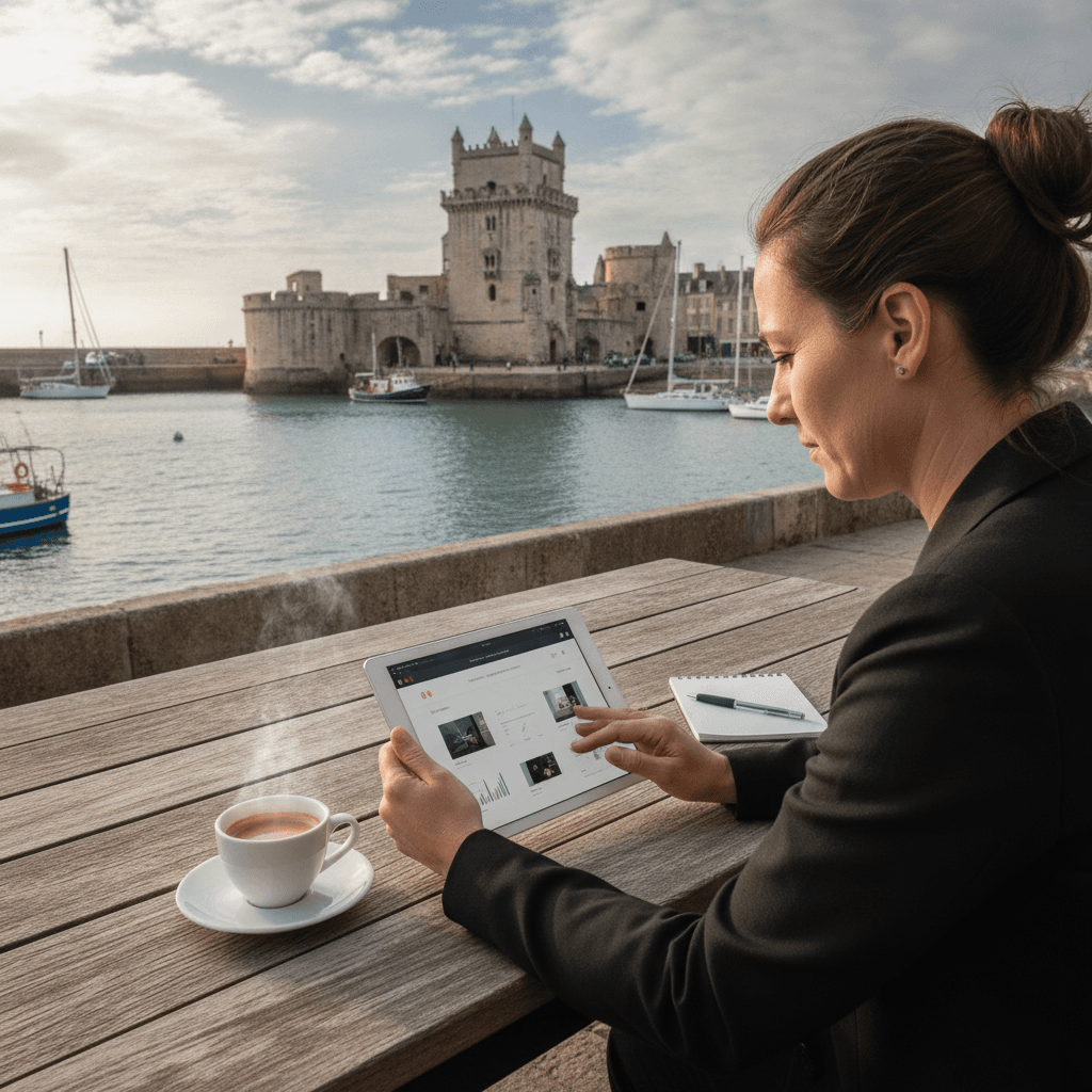 Vue du vieux port de La Rochelle avec un artisan consultant son site web sur une tablette