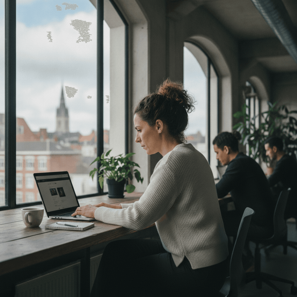 Vue sur le quartier d'affaires de Lille avec un entrepreneur consultant son site web sur ordinateur portable