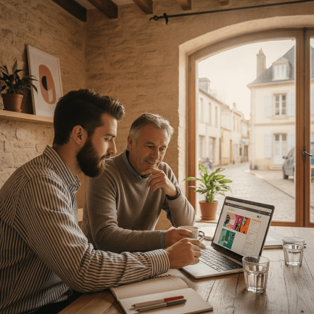 Bureau d'une agence web à Pau, designer et client professionnel examinant une maquette de site internet