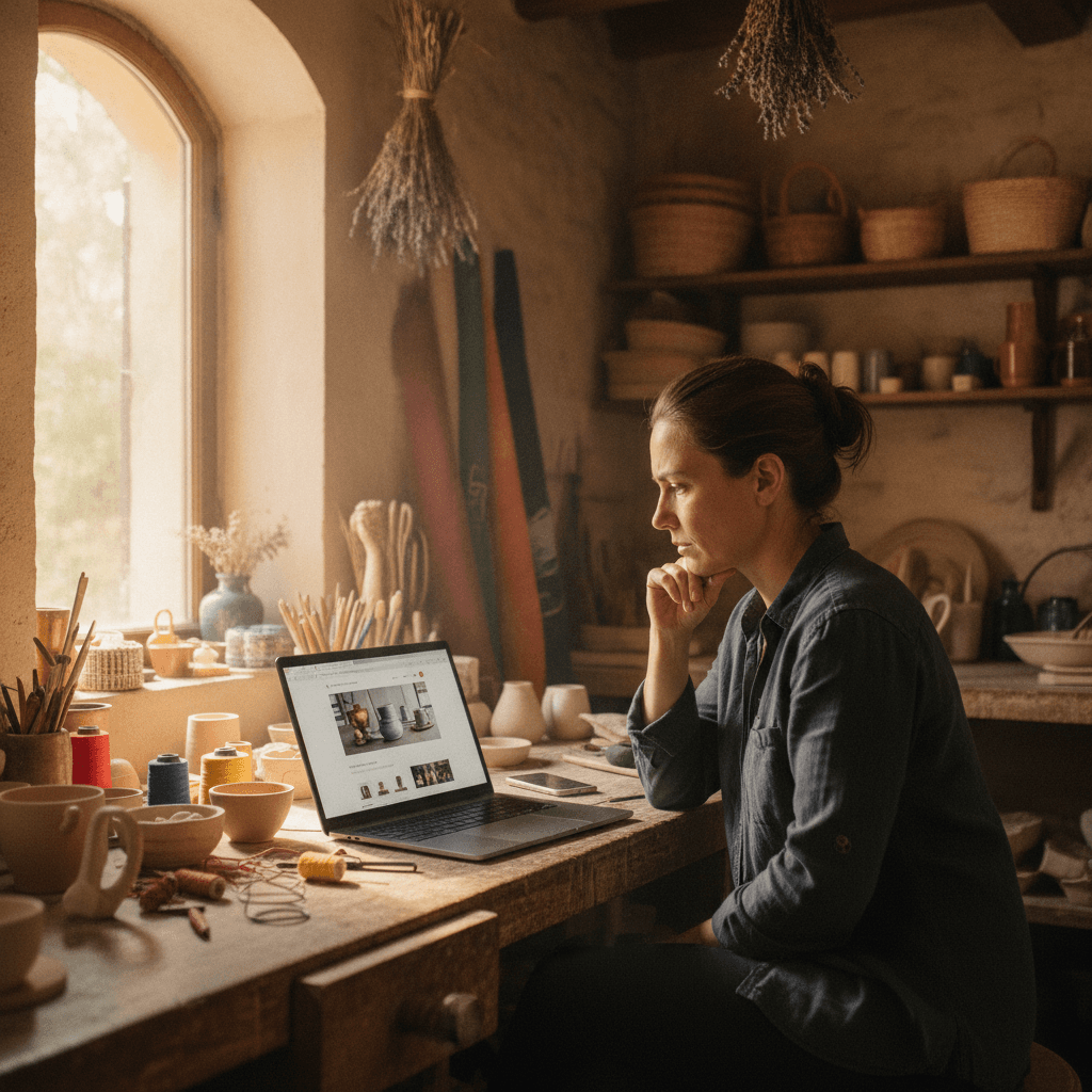 Artisan perpignanais consultant un site web professionnel sur un ordinateur portable dans son atelier