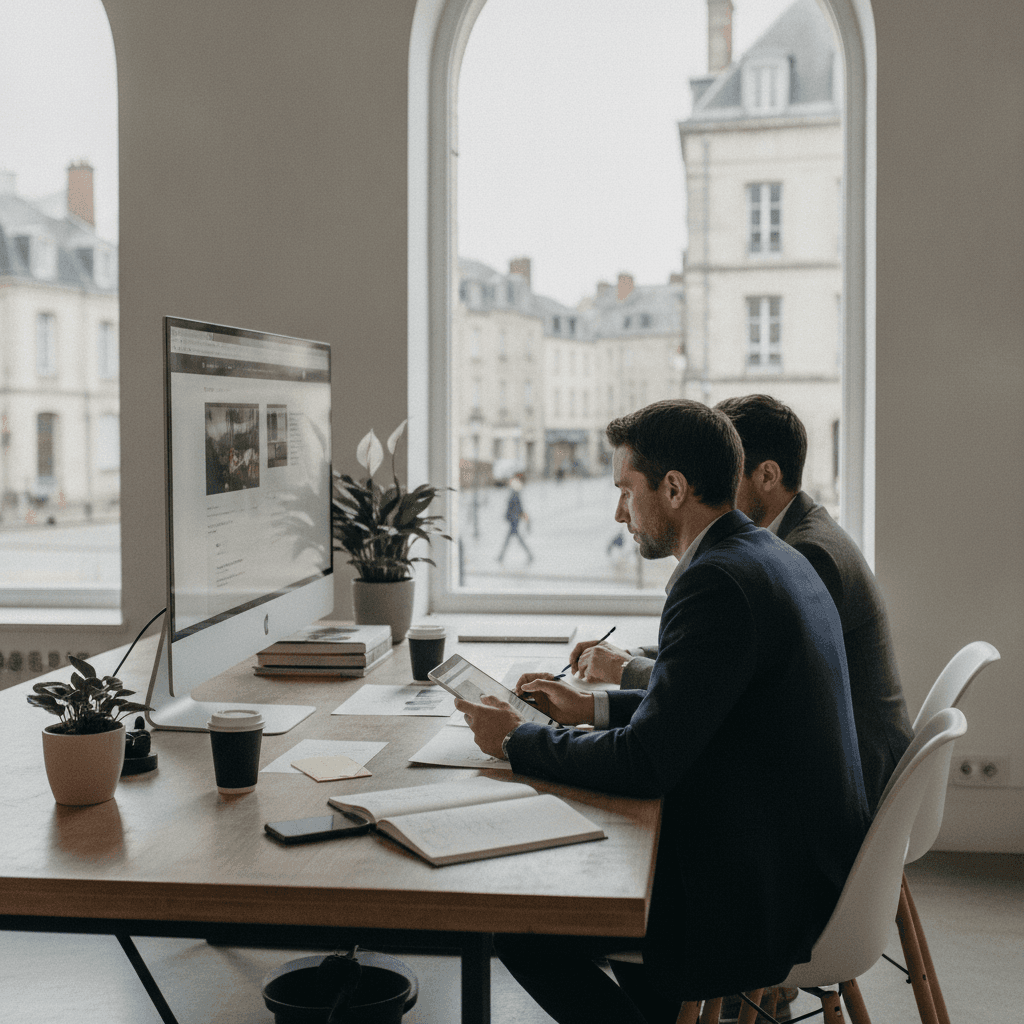 Bureau d'une agence web à Rennes avec deux professionnels travaillant sur la conception d'un site internet