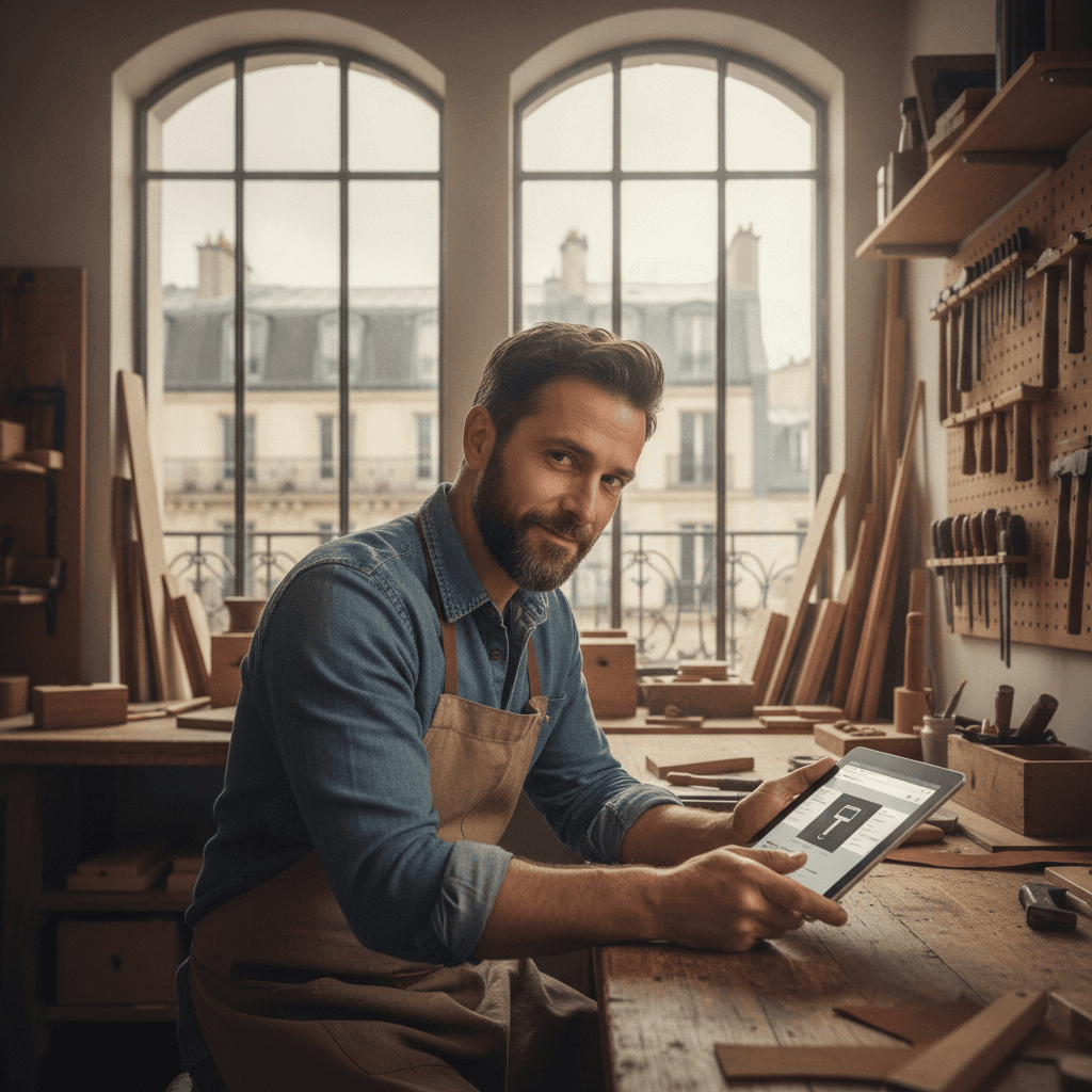 Artisan à Boulogne-Billancourt consultant son site web professionnel sur une tablette dans son atelier