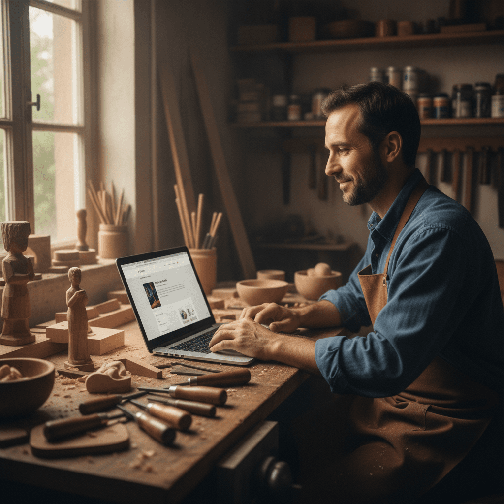 Artisan à son établi consultant le site web de son atelier sur un ordinateur portable à Saint-Denis