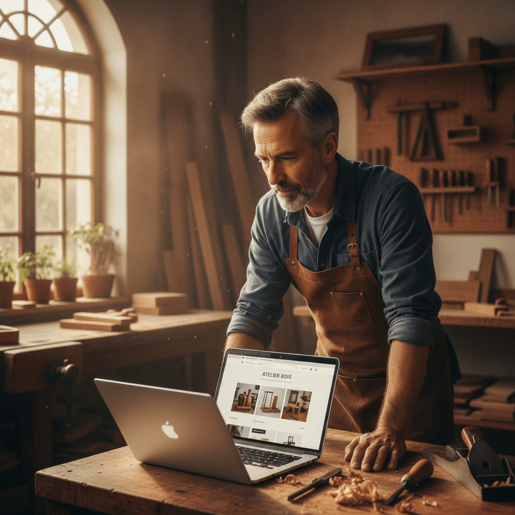 Artisan normand consultant un site internet professionnel sur son ordinateur à Caen