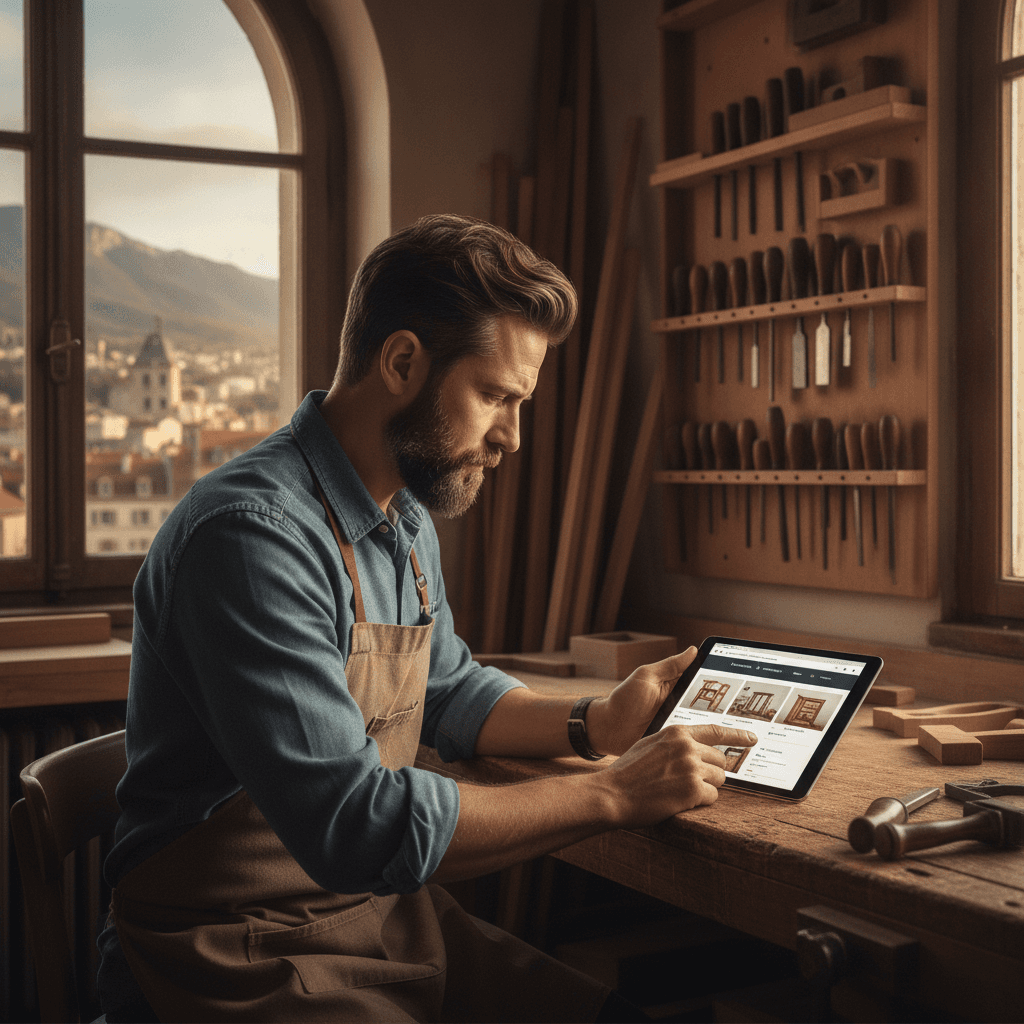Artisan grenoblois consultant son site internet vitrine sur une tablette dans son atelier