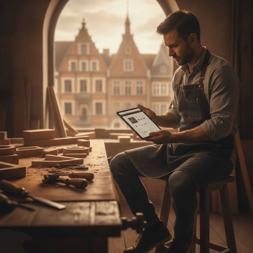 Vue aérienne du centre-ville de Lille avec un artisan consultant son site internet sur une tablette
