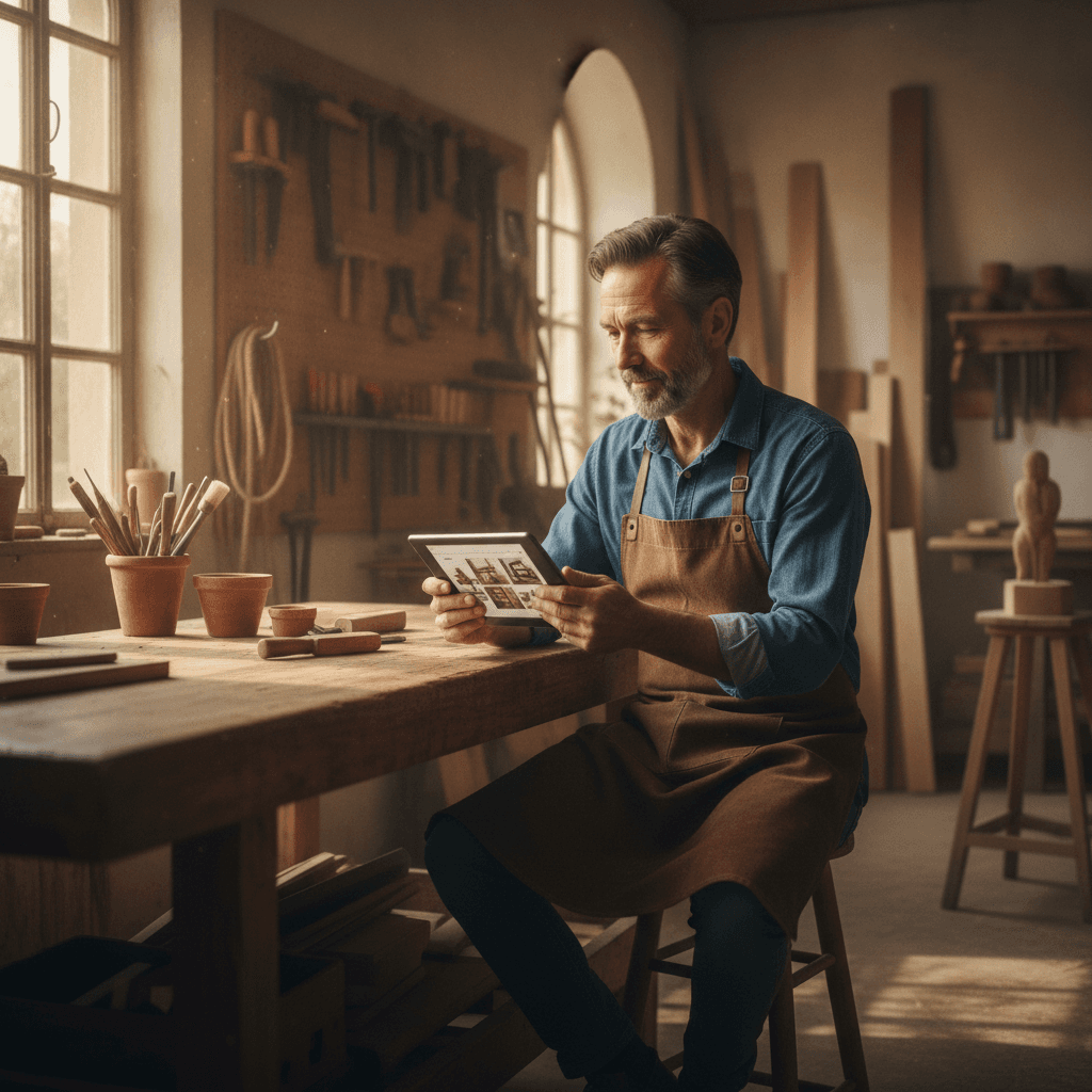 Artisan béarnais consultant son site internet professionnel sur une tablette à Pau