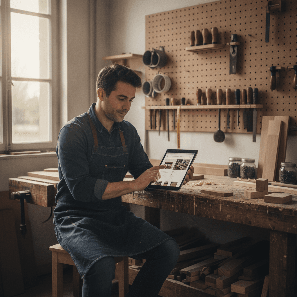 Artisan breton consultant son site internet sur tablette dans son atelier à Rennes