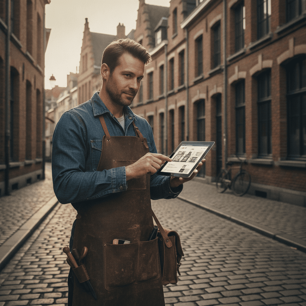 Artisan nordiste consultant son site vitrine sur tablette dans une rue commerçante de Lille
