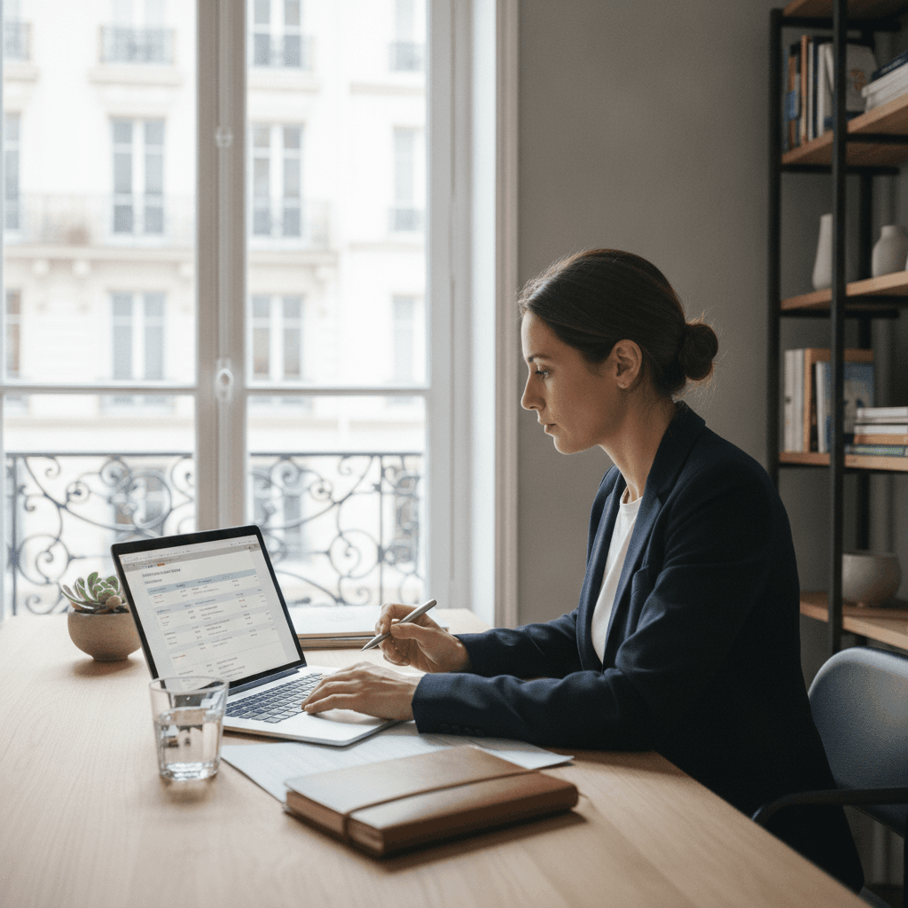 Artisan consultant un devis de création de site internet sur ordinateur à Boulogne-Billancourt