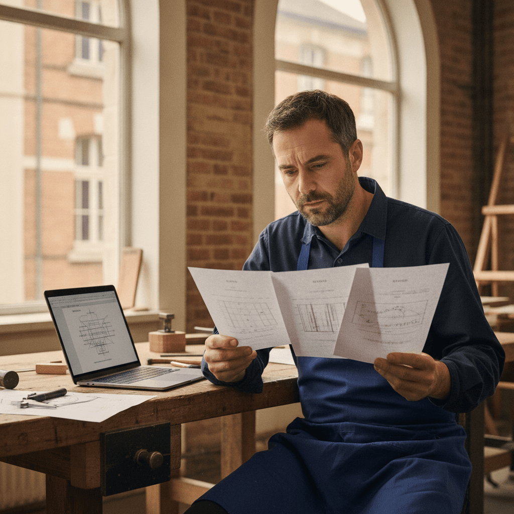 Artisan de Montreuil comparant trois devis de création de site internet sur une table d'atelier