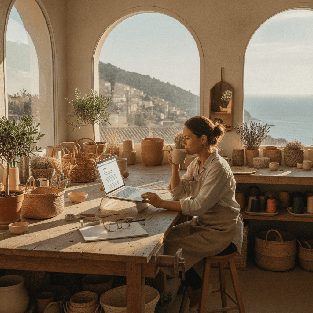 Artisan antibois consultant un devis site internet sur un ordinateur portable dans son atelier