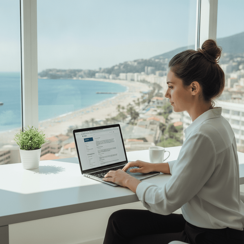Artisan cannois consultant un devis de création de site internet sur son ordinateur portable, vue sur la Croisette en arrière-plan