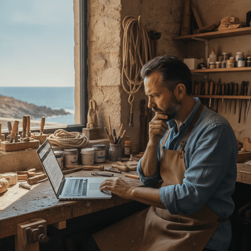 Artisan rochelais consultant un devis site internet sur un ordinateur portable dans son atelier