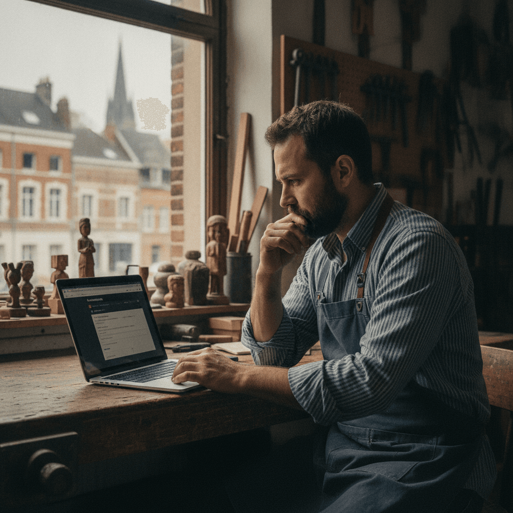 Artisan lillois consultant un devis site internet sur un ordinateur portable dans son atelier