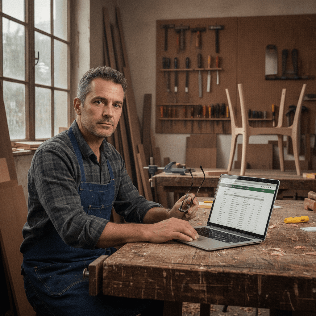 Artisan béarnais consultant un devis site internet sur ordinateur dans son atelier à Pau