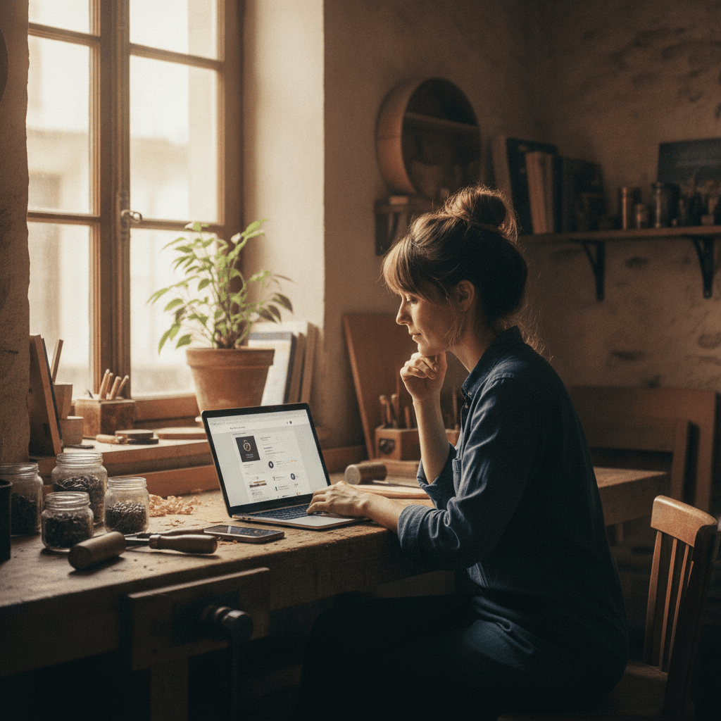 Artisan poitevin consultant un devis site internet sur son ordinateur portable dans son atelier
