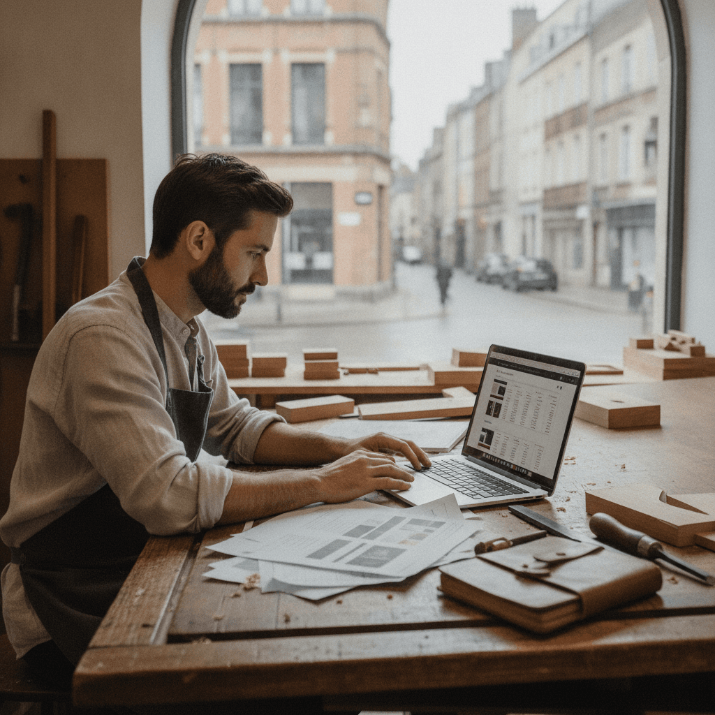 Artisan lillois consultant un devis de création de site internet sur son ordinateur portable dans son atelier