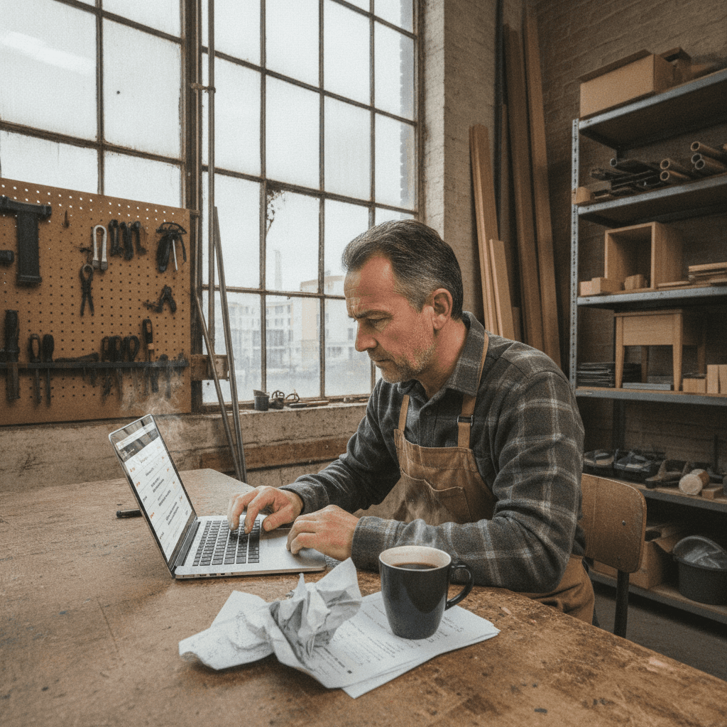 Artisan de Saint-Denis comparant des devis de création de site internet sur son ordinateur dans son atelier