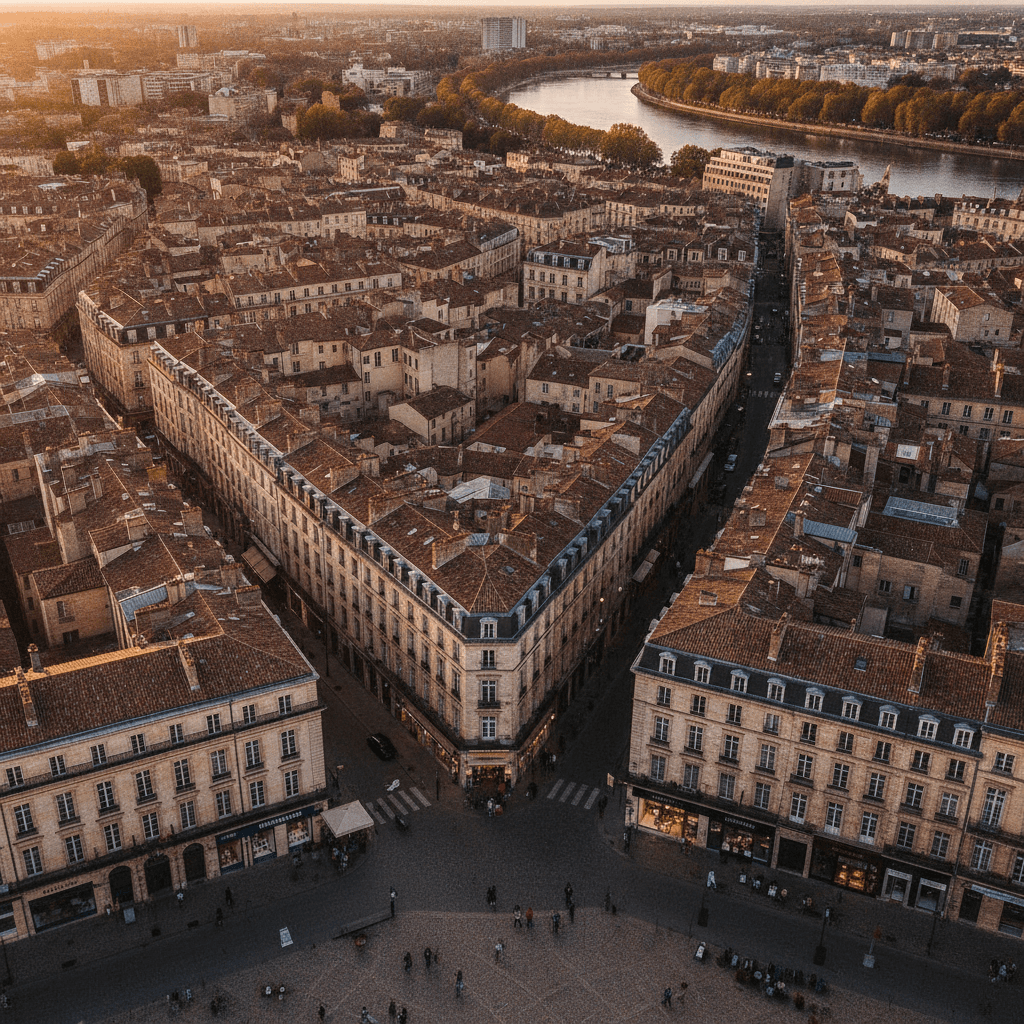 Vue aérienne de la métropole de Bordeaux illustrant la concurrence locale entre artisans et TPE pour le référencement local