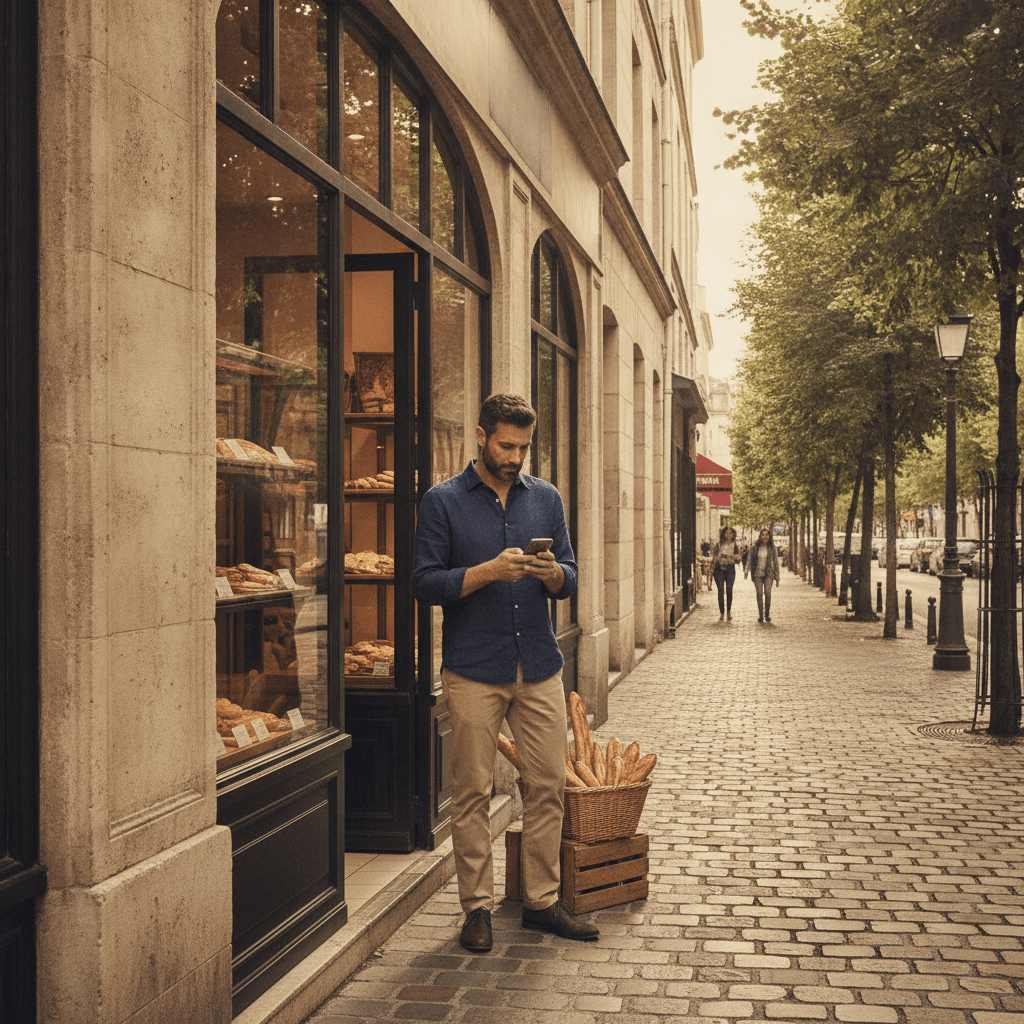 Artisan au téléphone devant sa boutique à Boulogne-Billancourt, référencement local Google