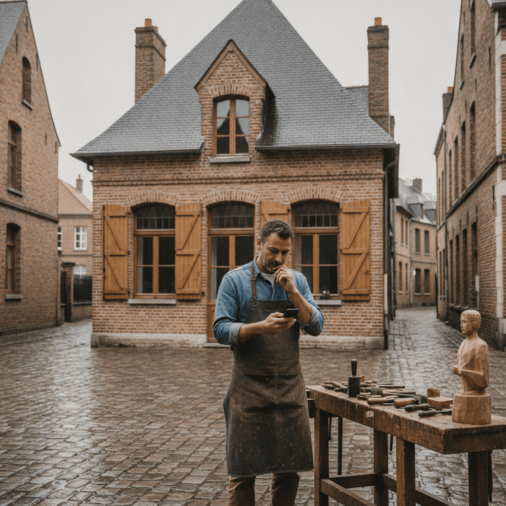 Artisan lillois consultant son téléphone devant une façade de maison dans un quartier de Lille