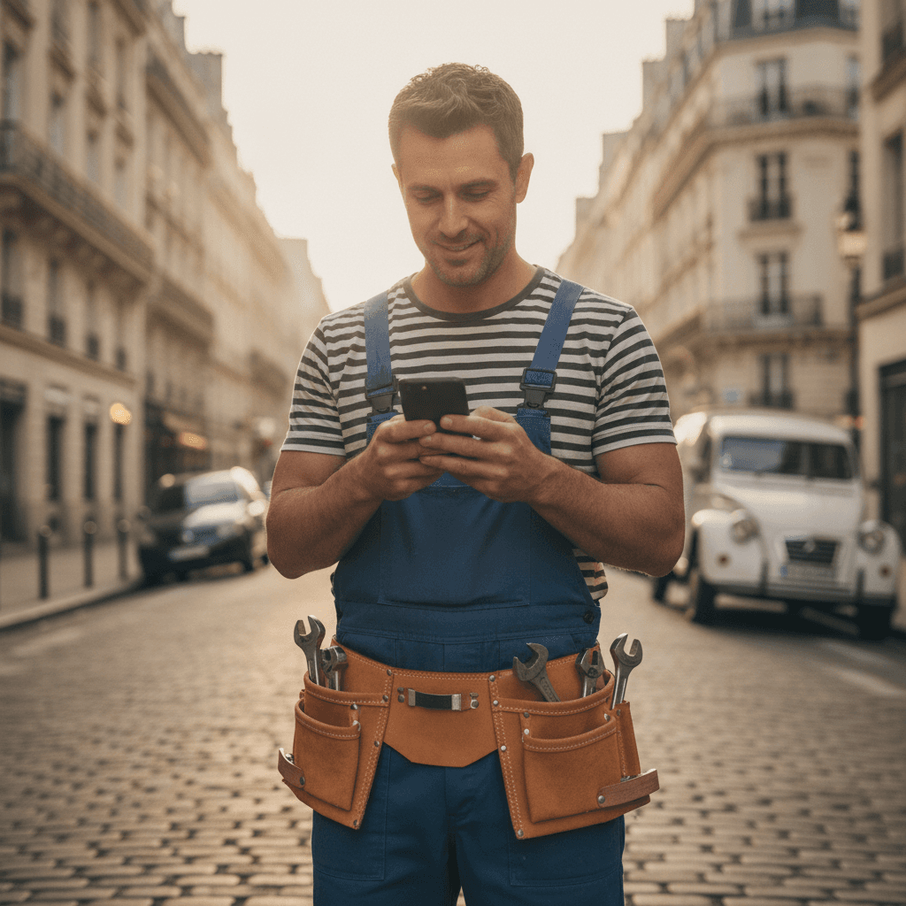 Artisan plombier dans une rue parisienne consultant son smartphone pour gérer sa présence locale en ligne