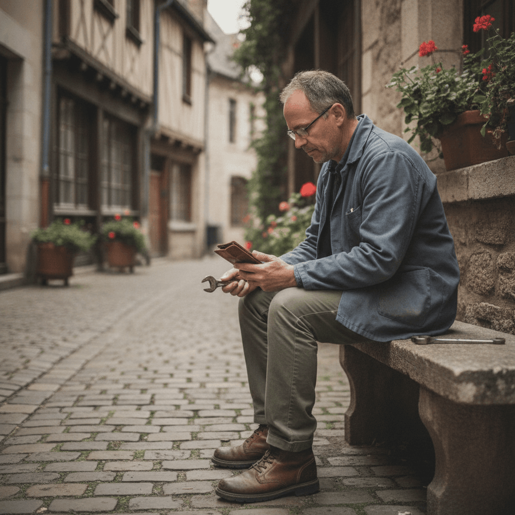 Artisan rennais consultant son téléphone pour vérifier sa fiche Google Business Profile dans la rue