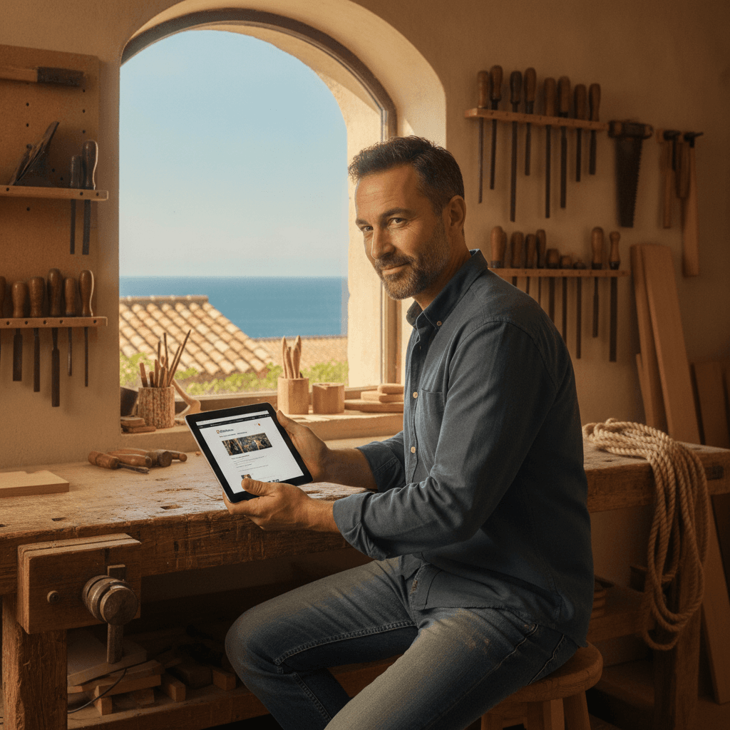 Artisan menuisier à Antibes consultant son site internet professionnel sur une tablette dans son atelier