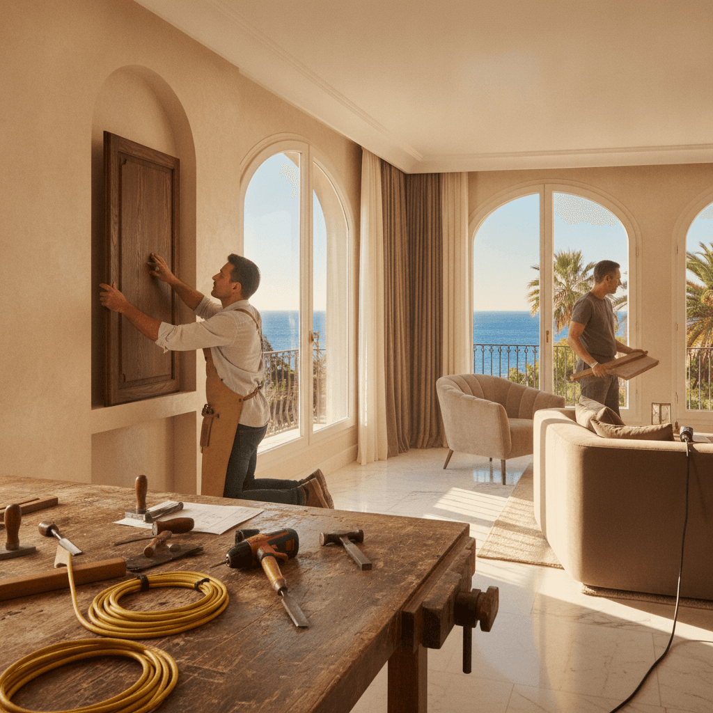 Artisan menuisier travaillant dans un appartement haussmannien à Cannes, lumière naturelle méditerranéenne
