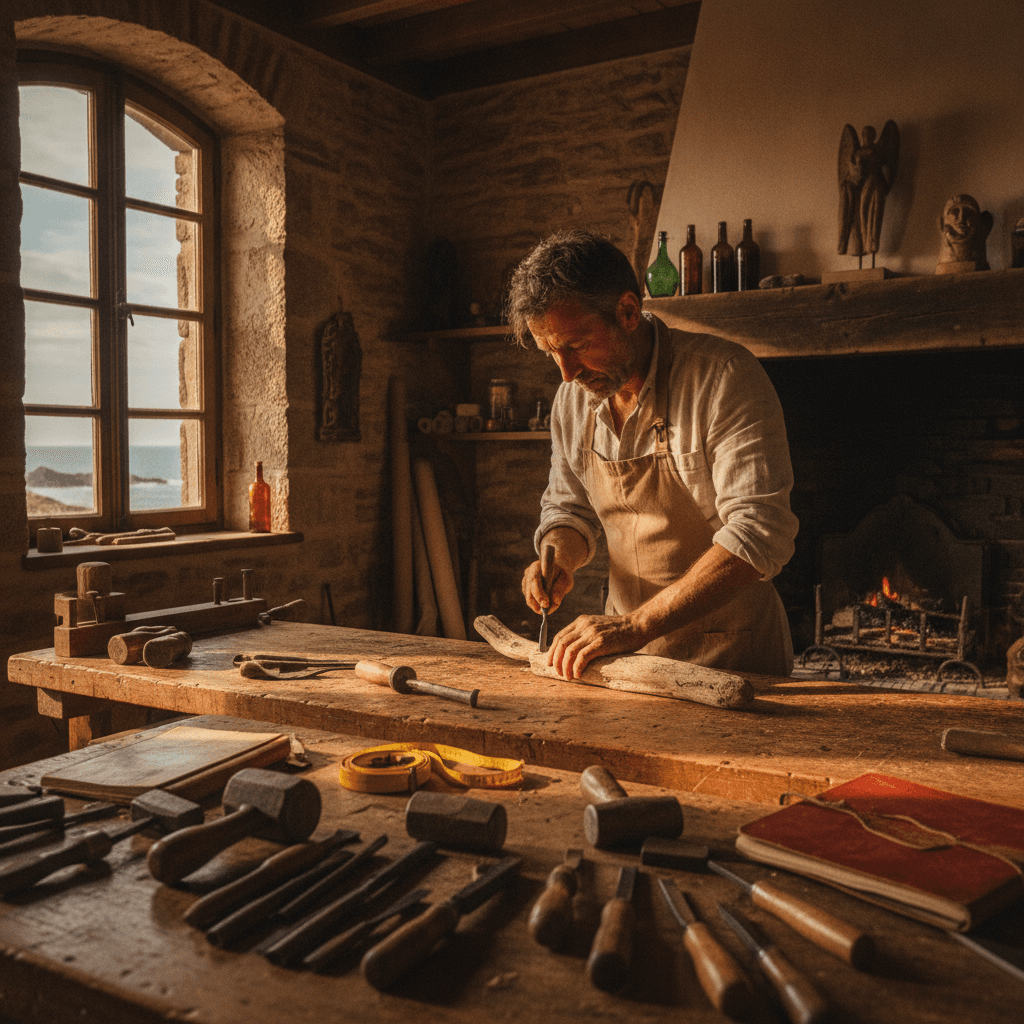 Artisan en intervention dans une maison ancienne du centre de La Rochelle, équipement professionnel au premier plan