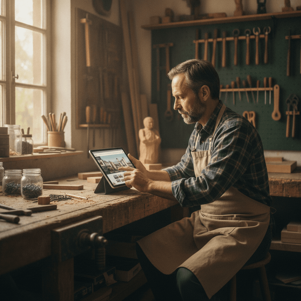 Artisan menuisier dans son atelier à Lille, consultant son site internet sur une tablette