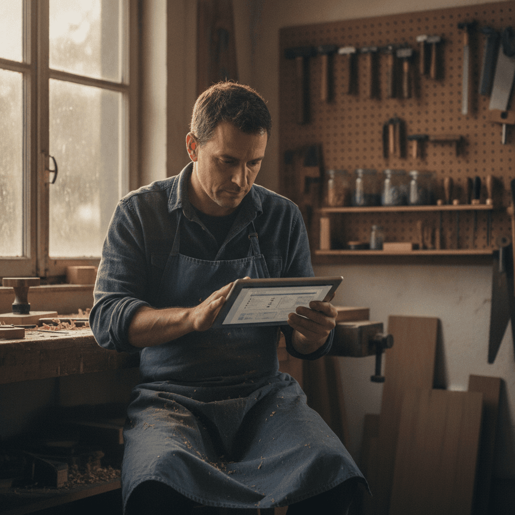 Artisan à Pau consultant son site internet sur une tablette dans son atelier, visibilité locale en ligne