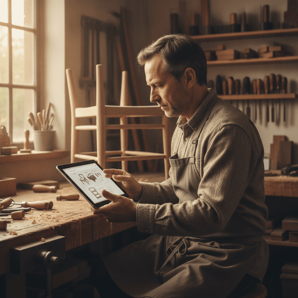 Artisan menuisier à Poitiers consultant son site internet professionnel sur une tablette dans son atelier