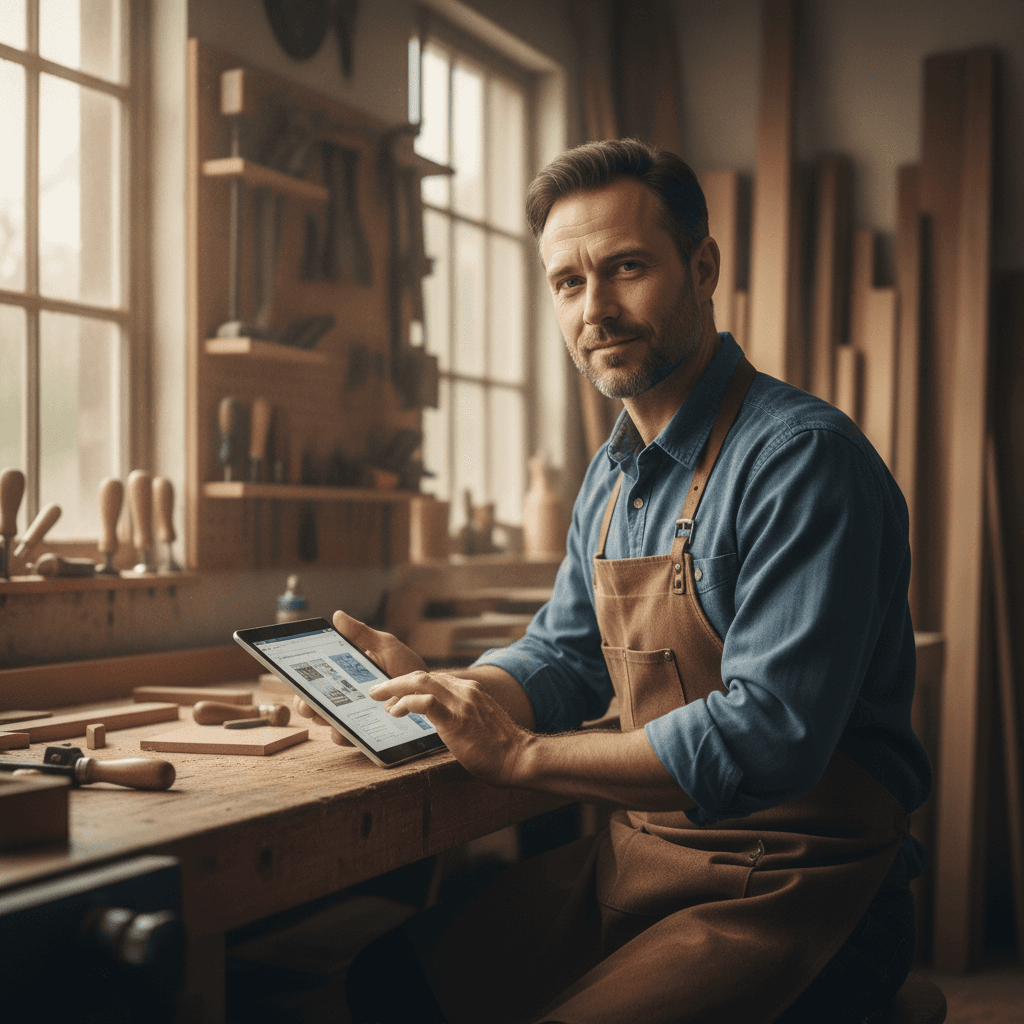 Artisan menuisier à Rennes consultant son site vitrine sur une tablette dans son atelier