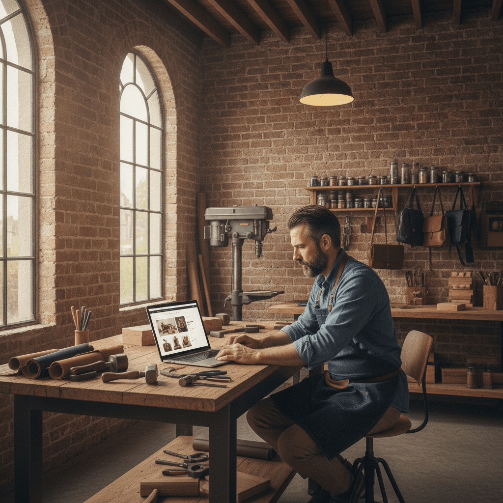 Auto-entrepreneur lillois travaillant sur son site internet vitrine depuis un atelier, lumière naturelle