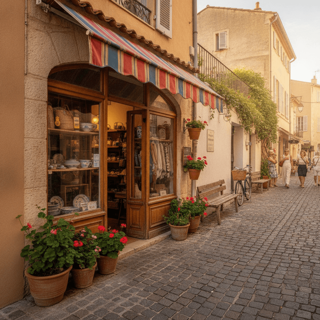Devanture de boutique commerçante dans la vieille ville d'Antibes par une journée ensoleillée