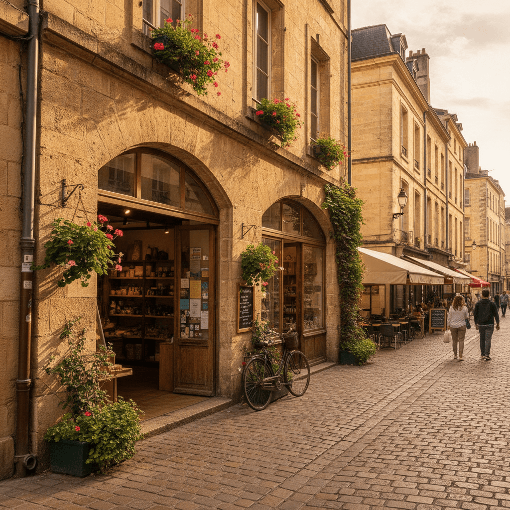 Devanture d'un commerce indépendant dans une rue commerçante de Bordeaux, lumière naturelle