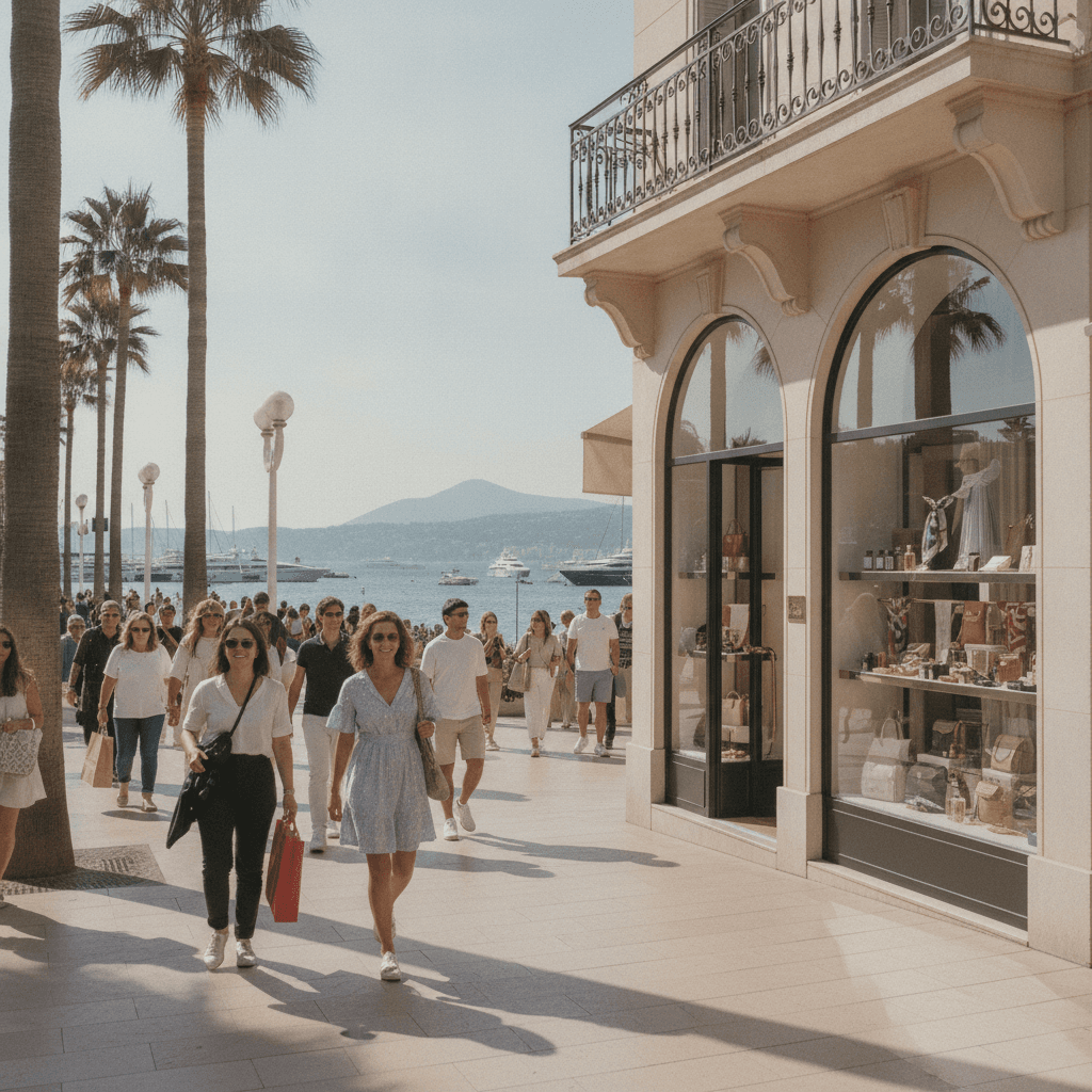 Vitrine d'un commerce élégant sur la Croisette à Cannes avec vue sur la mer en arrière-plan