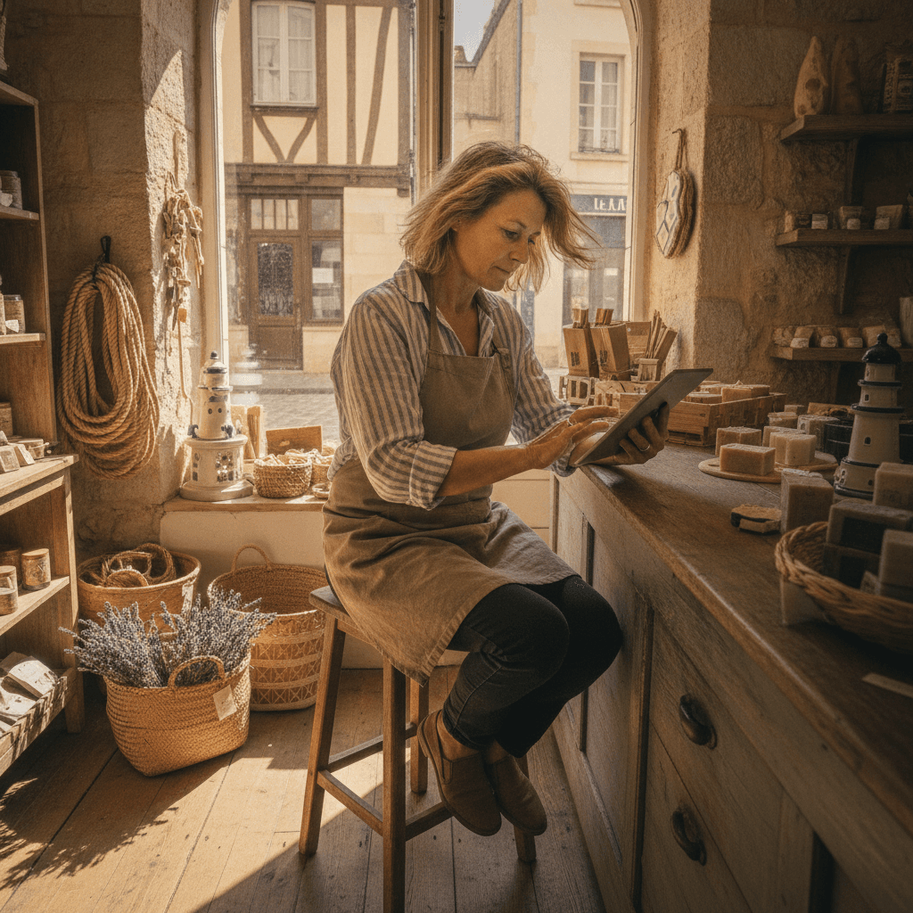 Commerçant à La Rochelle consultant son site internet sur une tablette dans sa boutique du centre historique