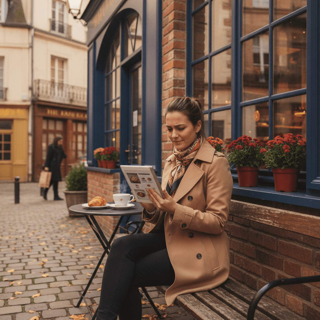 Commerçant lillois consultant son site internet vitrine sur une tablette devant sa boutique