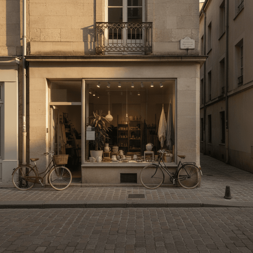 Devanture d'un commerce indépendant dans le centre-ville de Pau, vitrine soignée en lumière naturelle