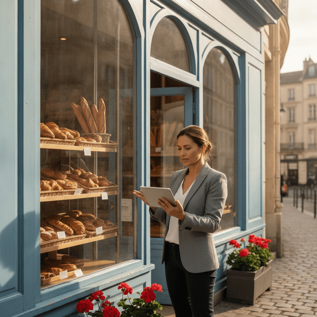 Commerçant à Poitiers consultant son site internet sur tablette devant sa boutique