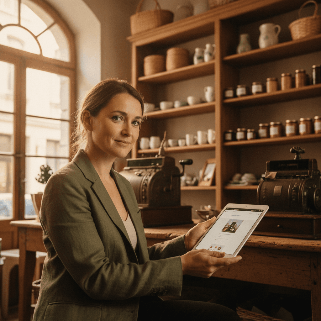 Commerçant rennais consultant son site internet vitrine sur une tablette dans sa boutique