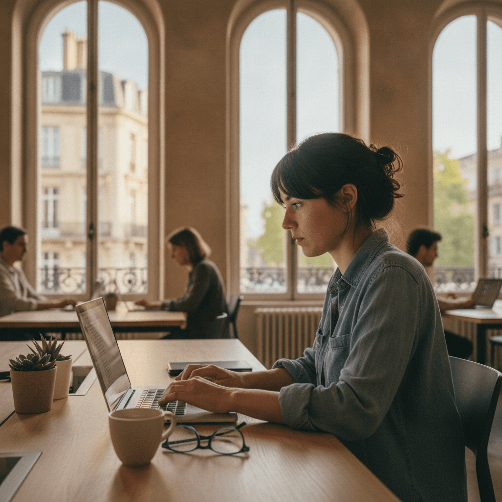 Webmaster indépendant travaillant sur un site vitrine dans un espace de coworking à Bordeaux