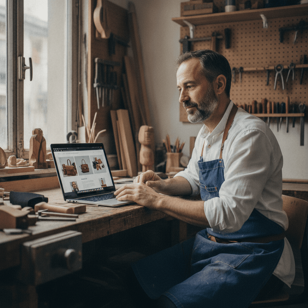 Artisan de Montreuil consultant le site de son entreprise sur un ordinateur portable dans son atelier